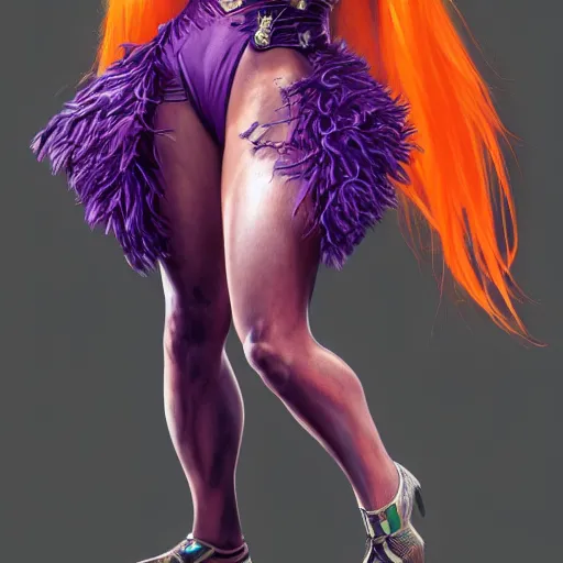 Image similar to full figure ultra realistic illustration, extremely tall female wrestler with orange hair with bangs wearing a purple costume, intricate, elegant, highly detailed, digital painting, artstation, concept art, smooth, sharp focus, illustration, art by artgerm and greg rutkowski and alphonse mucha