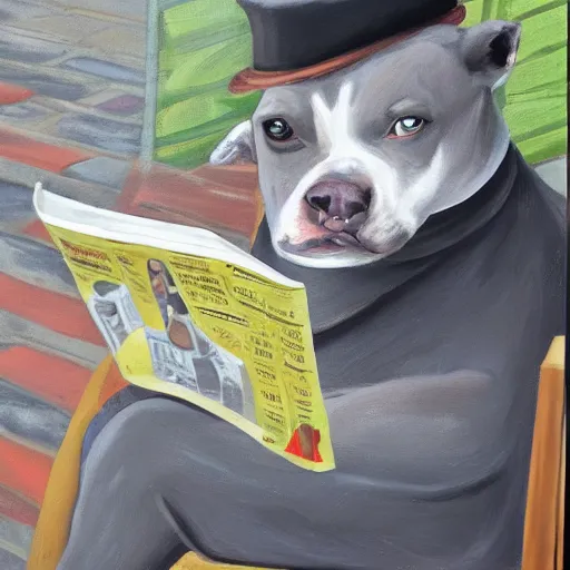 Image similar to A gray pit bull wearing a newsboy cap while reading the newspaper at an outdoor table at Parisian cafe. Acrylic on canvas.