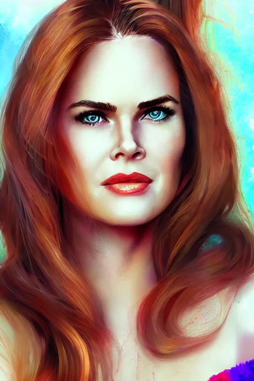 Image similar to mix of beautiful young maria shriver, mariel hemmingway, brooke shields, nicole kidman and elle macpherson as a mermaid, thin lips, hair tied up in a pony tail, dark hair, colorful, artstation, cgsociety