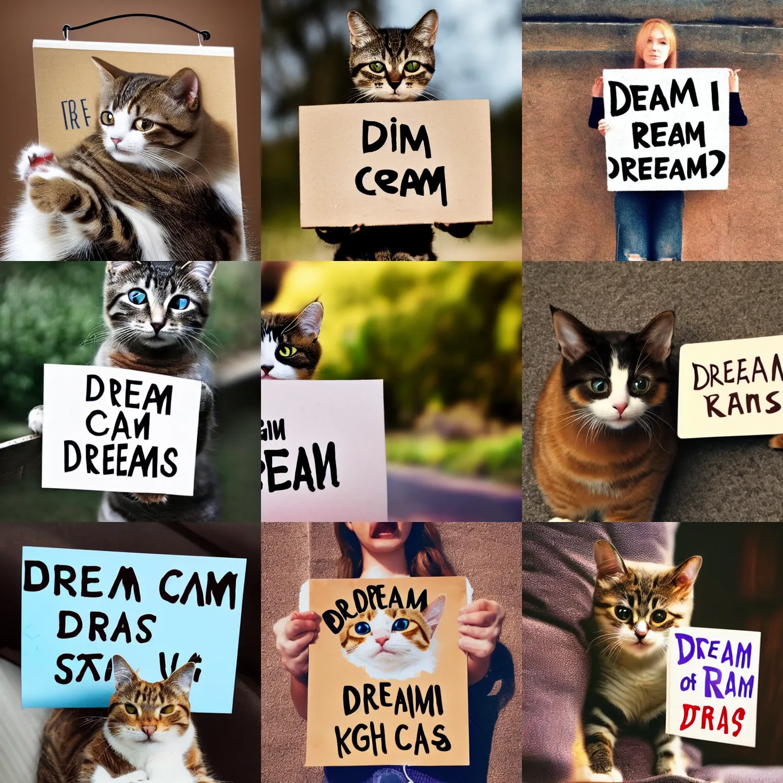 Image similar to realistic high quality photo of a cute cat holding a sign with text that reads : dream cats