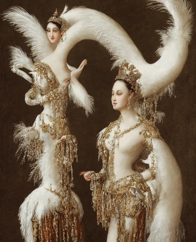 Image similar to a one single queen _ with _ a _ decorated _ dress _ made _ of _ white _ pearls _ and _ white _ plumes _ of _ swan _ highly _ detailed _ digital _ painting