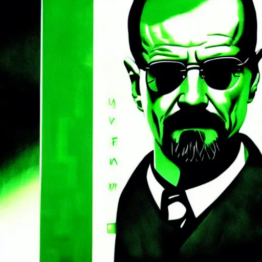 Image similar to walls of green text, lines of green code, walter white as neo from The Matrix (1999), background is green lines of text, CGSociety