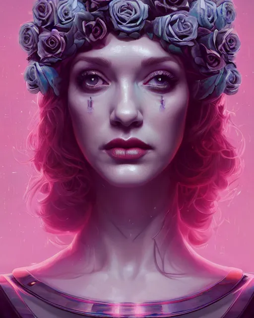 Image similar to perfectly - centered!! looking camera!! symmetrical!! portrait of christina hendricks with roses, baroque, roses, intricate abstract upper body intricate artwork, by tooth wu, wlop, beeple, dan mumford. concept art, octane render, deviantart, greg rutkowski, cinematic arthouse, key art, hyper realism, iridescent accents