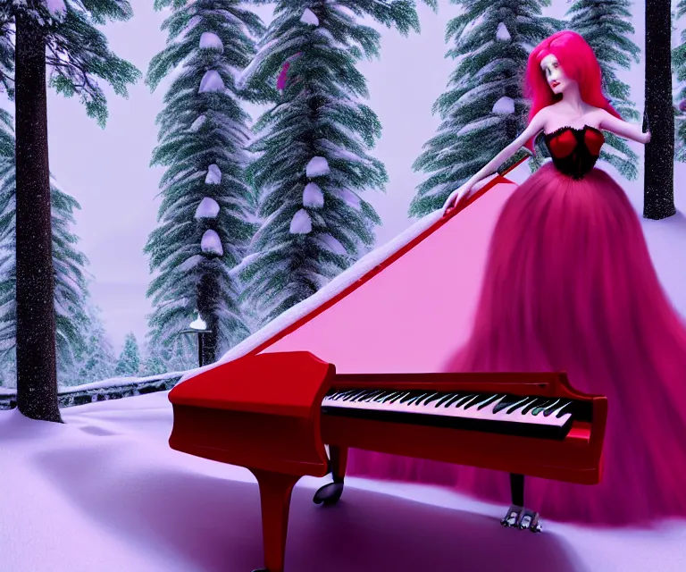 Image similar to a photorealistic rendering of a beautiful face gothic girl, pink hair in a stunning red dress playing a piano in the dark snowy forest by randolph stanley hewton, cg society contest winner, matte painting