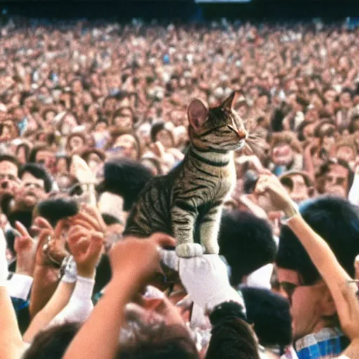 Image similar to a cat performing at the Live Aid Concert (1985), color photograph, Queen, Freddy Mercury, singer, Wembley Stadium, large crowd