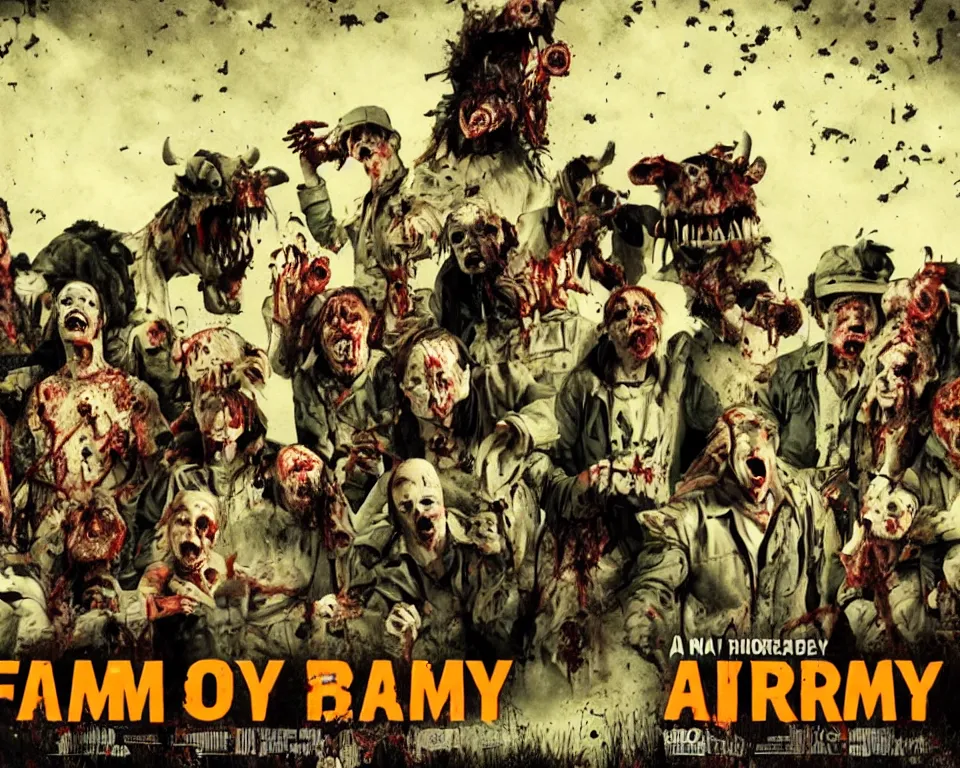 Prompt: a horror movie poster featuring an army of zombie farm animals