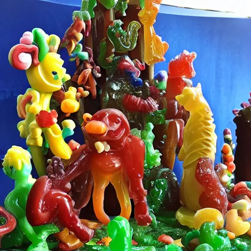 Image similar to Bosch Garden of Earthly Delights, candy, sculpted out of candy, gummy candies, gummy bears, gummy worms, colorful award-winning photo of candy, happy smiley