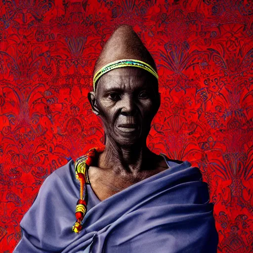 Image similar to a painting of a elegant wise elder from Kenya by Kehinde Wiley . dramatic angle, ethereal lights, details, smooth, sharp focus, illustration, realistic, cinematic, artstation, award winning, rgb , unreal engine, octane render, cinematic light, macro, depth of field, blur, red light and clouds from the back, highly detailed epic cinematic concept art CG render made in Maya, Blender and Photoshop, octane render, excellent composition, dynamic dramatic cinematic lighting, aesthetic, very inspirational, arthouse.