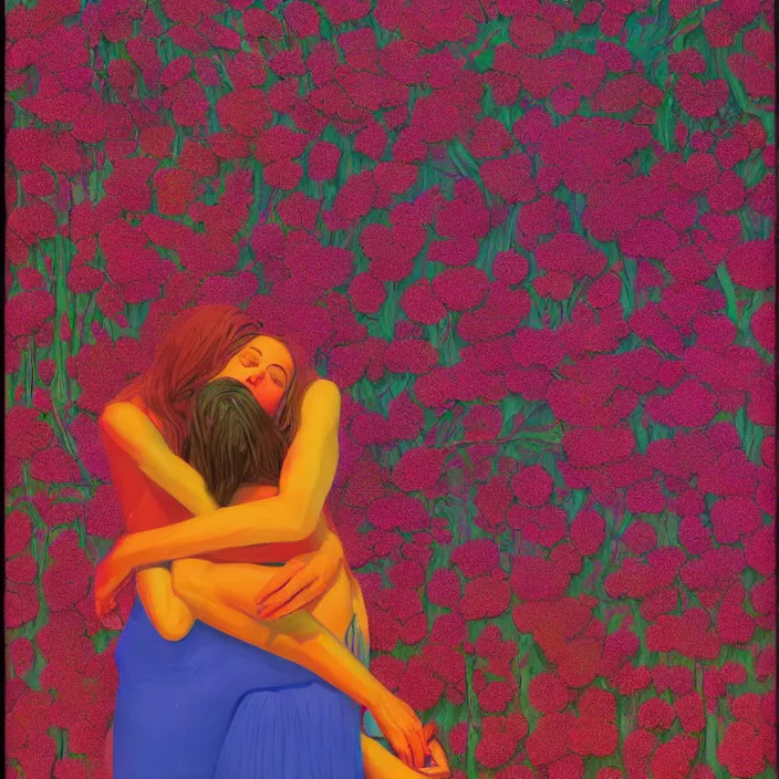 Image similar to portrait of women made of colorful fractal flowers hugging Edward Hopper and James Gilleard, Zdzislaw Beksinski, highly detailed