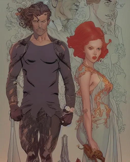 Image similar to a handsome man and a beautiful woman back to back artwork by james jean, Phil noto and rebecca guay