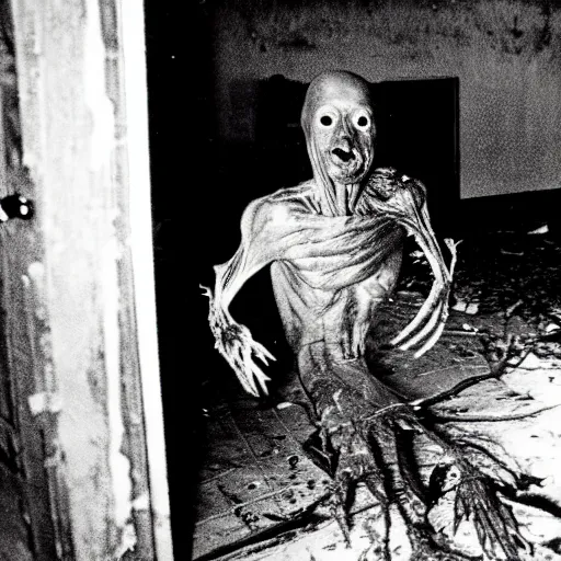 Image similar to 1 9 8 3, found footage, old abandoned house, creepy mutant flesh creature, flesh blob