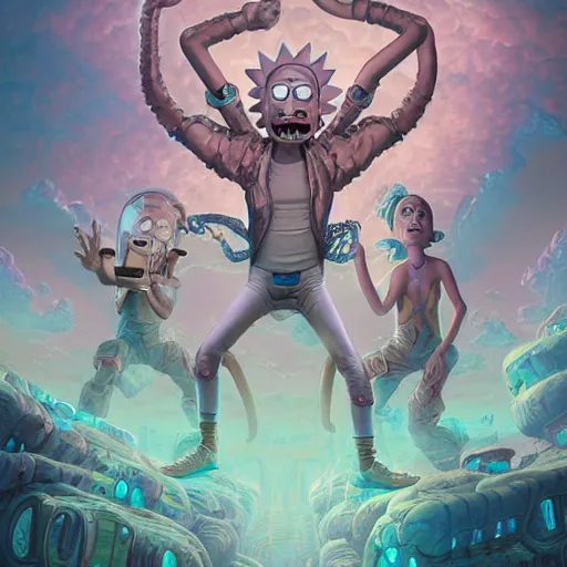Image similar to rick and morty, fantasy character portrait, ultra realistic, wide angle, intricate details, the fifth element artifacts, highly detailed by peter mohrbacher, hajime sorayama, wayne barlowe, boris vallejo, paolo eleuteri serpieri