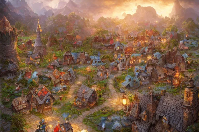 Image similar to dwarf cozy fantasy village street view by artgerm and Craig Mullins, James Jean, Andrey Ryabovichev, Mark Simonetti and Peter Morbacher 16k