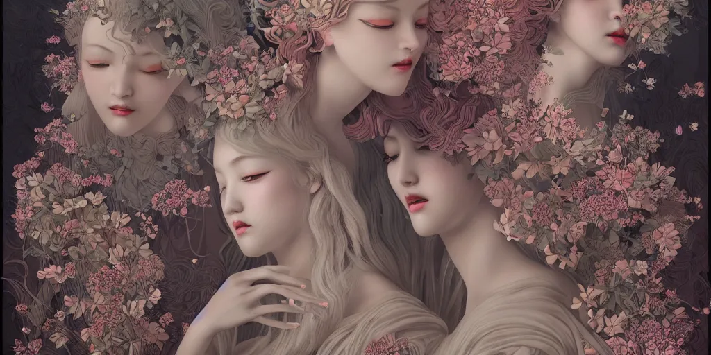 Image similar to breathtaking detailed concept art painting art deco pattern of blonde faces goddesses amalgamation flowers, by hsiao - ron cheng, bizarre compositions, exquisite detail, extremely moody lighting, 8 k