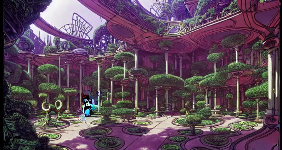 Image similar to a luxurious scifi futuristic victorian garden courtyard by killian eng, moebius, philippe druillet