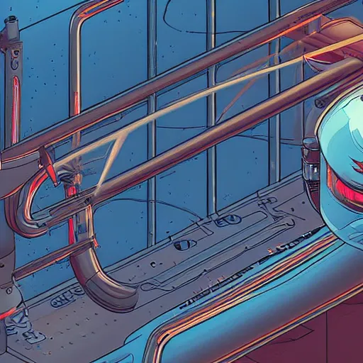 Prompt: robotic cubra snake in an airlock, Industrial, detailed illustration, character portrait, by Martin Grip and Moebius