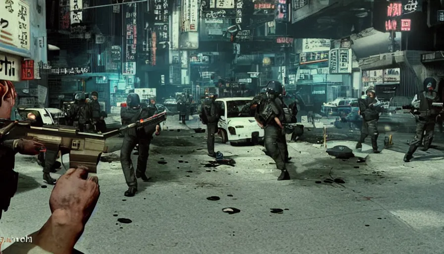 Prompt: 1988 Video Game Screenshot, Anime Neo-tokyo Cyborg bank robbers vs police, Set inside of the Bank, Open Vault, Multiplayer set-piece, Tactical Squads :9, Police officers under heavy fire, Police Calling for back up, Bullet Holes and Realistic Blood Splatter, :6 Gas Grenades, Riot Shields, Large Caliber Sniper Fire, Chaos, Metal Gear Solid Anime Cyberpunk, Akira Anime Cyberpunk, Anime Bullet VFX, Anime Machine Gun Fire, Violent Action, Sakuga Gunplay, Shootout, :7 Inspired by Escape From Tarkov :6, Intruder + Akira :12 by Katsuhiro Otomo: 19, 🕹️ 😎 🔫 🤖 🚬