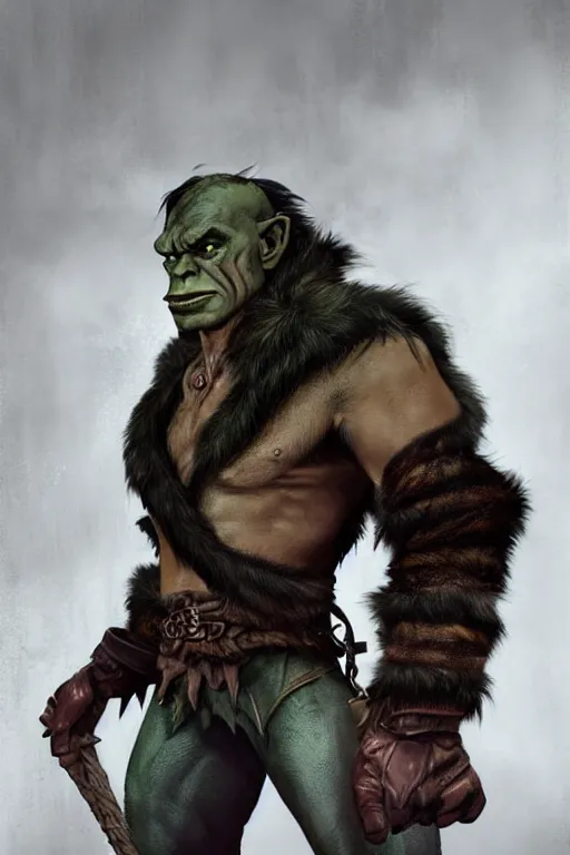 Prompt: A full body shot of a handsome half-orc looking into the camera wearing a leather fur jacket and boots, full body shot, detailed face, portrait, artstation, realistic, highly detailed, symmetrical, D&D, Dungeons & Dragons, hyper realistic, dynamic pose, high detail, octane render, unreal engine, 8k, fantasy art, highly detailed, dramatic lighting, concept art