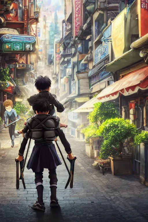 Image similar to ultra detailed keyart of sci - fy movie, a boy carrying a sword in his back is riding a simple bycycle in the main street of isekai shinjuku