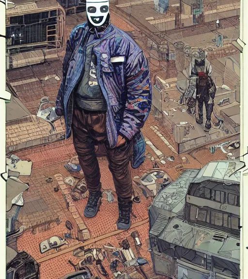 Image similar to a cyberpunk man with a patchwork face of various people, techwear, Industrial Scifi, detailed illustration, character portrait, by Martin Grip and Moebius