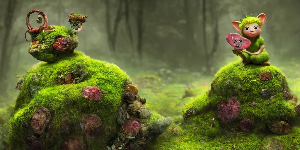 Prompt: a surreal bright very cute tiny mossy forest troll made of bark in a misty forest world by bobby chiu, daniel merriam, trending on artstation, goro fujita and charlie bowater, octane render, 4 k, 8 k, hd