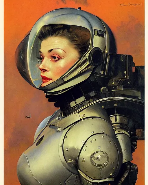 Image similar to head portrait of elegant striking mature space woman in armoured spacesuit, dynamic, by norman rockwell, roberto ferri, daniel gerhartz, edd cartier, jack kirby, howard v brown, ruan jia, tom lovell, frank r paul, dean cornwell, astounding stories, amazing, fantasy, other worlds