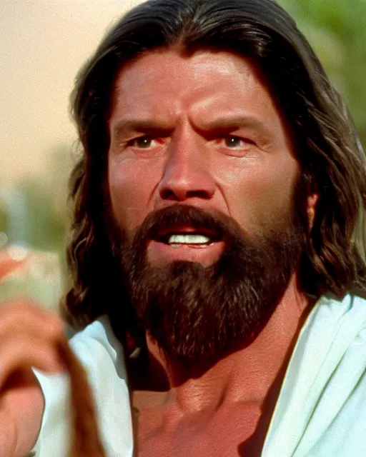 Image similar to film still close - up shot of vince mcmahon as jesus. photographic, photography