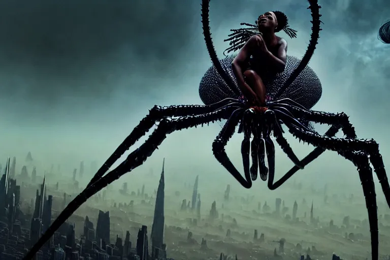 Image similar to realistic detailed closeup portrait movie shot of a beautiful black woman riding a giant spider, dystopian city landscape background by denis villeneuve, amano, yves tanguy, alphonse mucha, max ernst, kehinde wiley, ernst haeckel, caravaggio, roger dean, cyber necklace, rich moody colours, sci fi patterns, wide angle