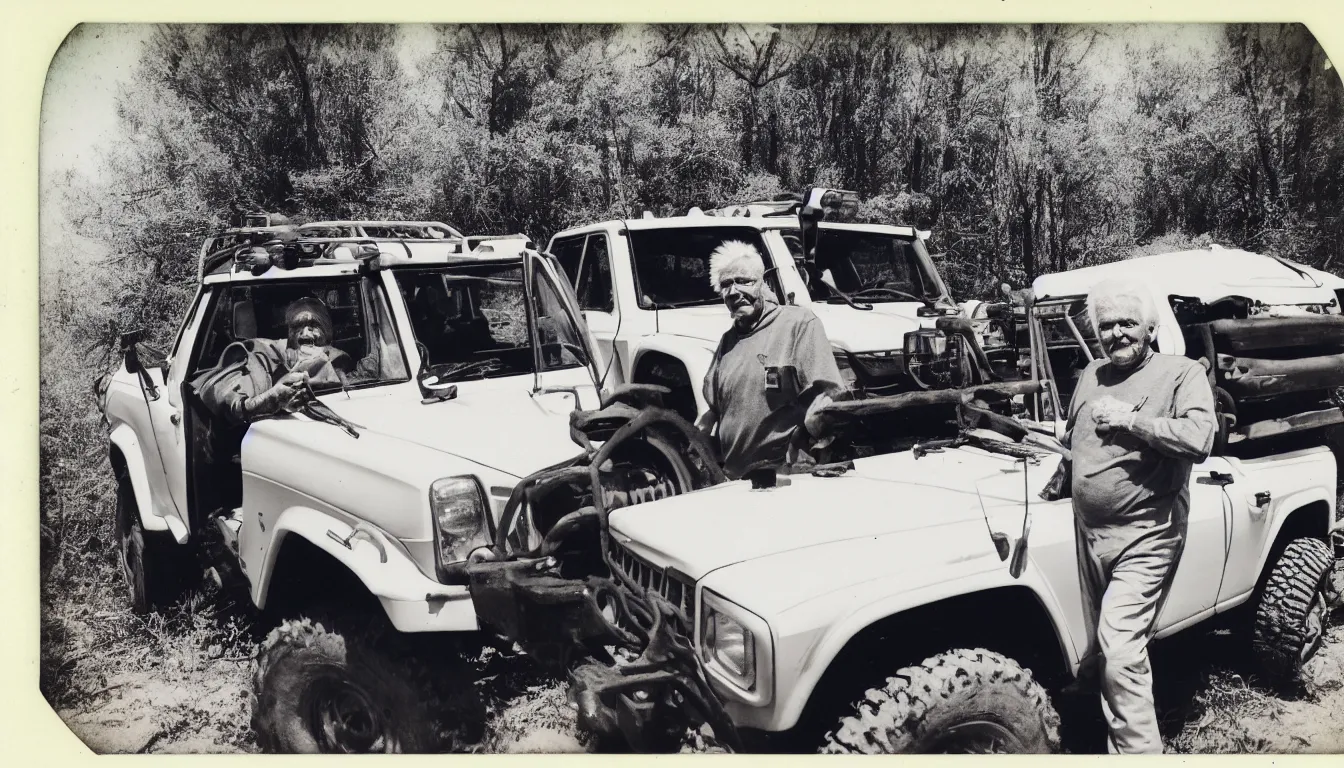 Image similar to old, scratched polaroid picture of old white haired man posing near his extremely lifted offroad suv very detailed, 8 k