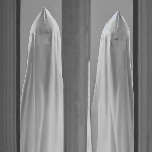 Prompt: nightmare vision, long depth of field. black and white, award winning photo of smiling levitating twin nuns, wearing translucent sheet, Mary in a sanctuary, mirror hallways, eerie, tall columns, frightening —width 1024 —height 1024