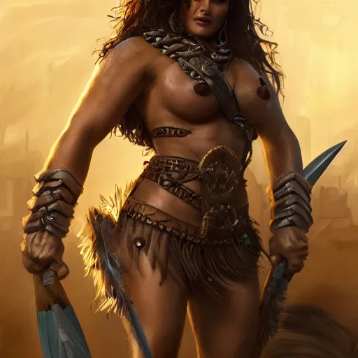 Image similar to salma hayek as amazonian amazon barbarian warrior, hyper detailed, digital art, trending in artstation, cinematic lighting, studio quality, smooth render, unreal engine 5 rendered, octane rendered, art style by klimt and nixeu and ian sprigger and wlop and krenz cushart.