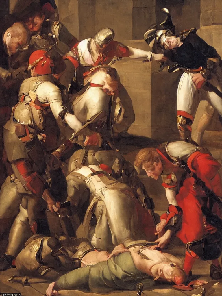 Image similar to the soldier bowed the queen down to the ground and laid his hand on top of her head, baroque painting