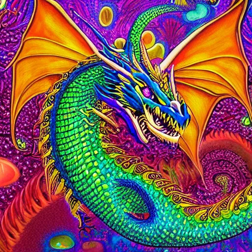 Prompt: a painting of a dragon with a psychedelic look, a detailed painting by lisa frank and alex grey, reddit contest winner, psychedelic art, detailed painting, psychedelic, ( ( pointilism ) ), made of crystals