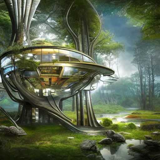 Prompt: futuristic treehouse by Jim Burns, fine art, digital art, cinematic lighting, hyperdetailed, 8k, high resolution, insanely detailed and intricate, unreal engine, octane render