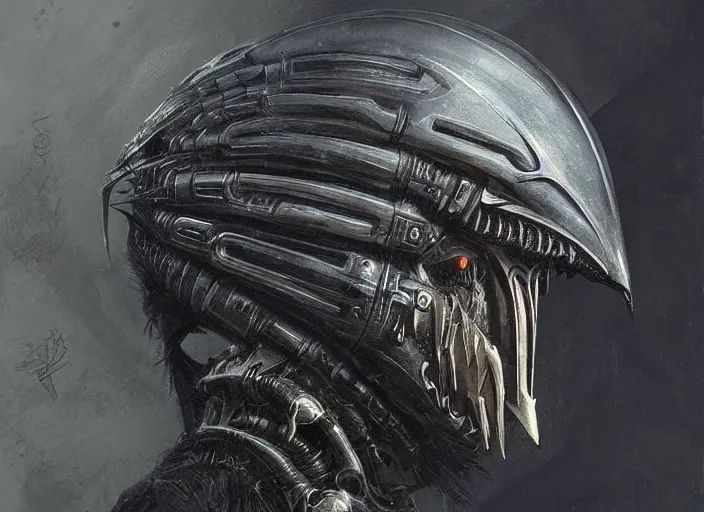 Image similar to portrait of raven themed helmet. concept art contest winner by h. r. giger and greg rutkowski ( 2 0 0 7 ).