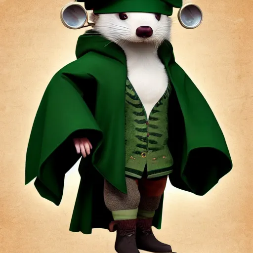 Image similar to a anthropomorphic ferret is dressed as a hogwarts student in slytherin robes, hyperdetailed, artstation, cgsociety, 8 k