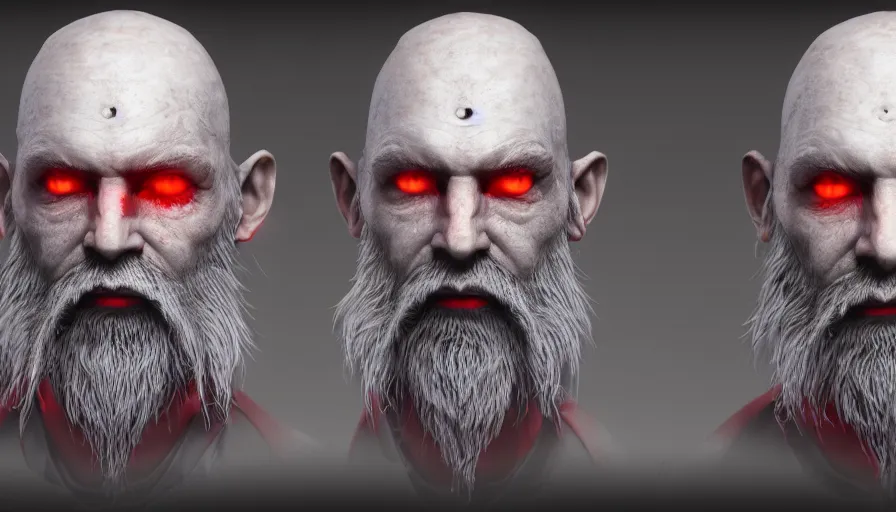 Image similar to a digital art portrait of an old pale warrior with glowing red eyes and grey beard character design from dark souls, old inquisition character sheet, 4 k, ultra detail, volumetric lighting, unreal engine, octane render