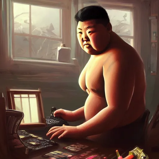 Prompt: a insanely detailed painting of a slightly overweight asian man wearing a homemade superhero costumed, sitting at a computer desk nervously typing on the keyboard, in the style of peter mohrbacher, dramatic lighting and composition, trending on artstation, concept art, comic book, graphic novel