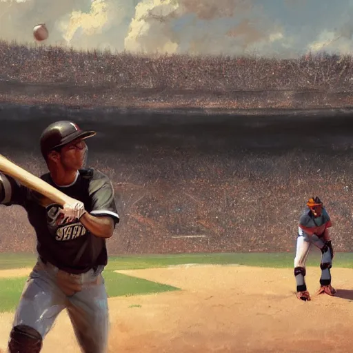 Image similar to baseball player hitting the ball with the baseball bat in the middle of the game and in front of everyone in the stadium, james gurney painting style, greg rutkowski, artstation