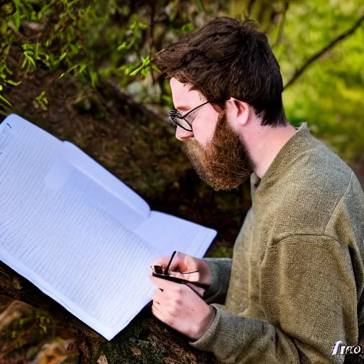 Image similar to Ethan Smith writing his next guide, (EOS 5DS R, ISO100, f/8, 1/125, 84mm, postprocessed, perfect picture, facial features)