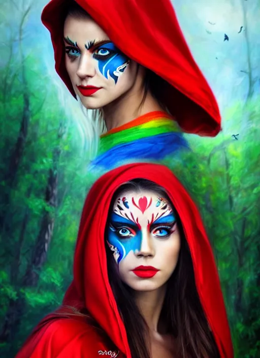 Image similar to photo of a gorgeous Beautiful face Portrait of Little Red Riding Hood with a rainbow panther, face painting, woman in the style of stefan kostic, wild, realistic, sharp focus, 8k high definition, insanely detailed, intricate, elegant, art by stanley lau and artgerm