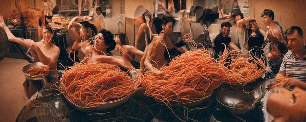 Image similar to a group of people swimming inside a giant bowl of spaghetti, suffocating, canon 5 0 mm, cinematic lighting, photography, retro, film, kodachrome