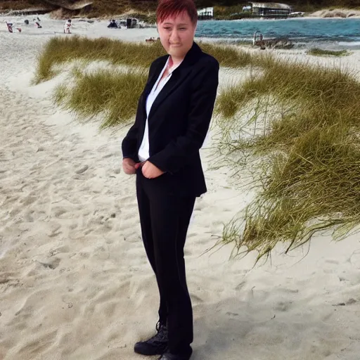 Image similar to Tomboy in a punk business suit at the beach