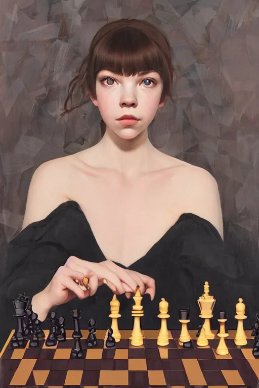 Image similar to a ultra detailed beautiful panting of anya taylor - joy, queens gambit, red hair, bangs, she is holding a chess piece in her hand, high angle shot, the background has an abstract chessboard pattern, oil painting, by ilya kuvshinov, greg rutkowski and makoto shinkai