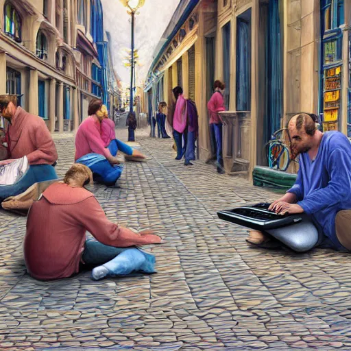 Prompt: a group of realistic bums using laptops near on street, highly detailed, intricate, sharp focus, digital art, 8 k