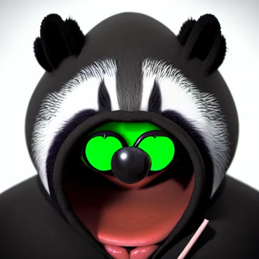 Image similar to a relaxed stoner with a black hoodie on with a marijuana themed dark green raccoon head from my little pony, 3 d, blender 3 d, render, extremely detailed, 8 k, has cracked red eyes