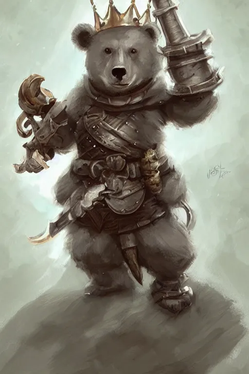 Image similar to cute little anthropomorphic bear knight wearing a cape and a crown, tiny, small, miniature bear, baby animal, short, pale blue armor, cute and adorable, pretty, beautiful, DnD character art portrait, matte fantasy painting, DeviantArt Artstation, by Jason Felix by Steve Argyle by Tyler Jacobson by Peter Mohrbacher, cinematic lighting