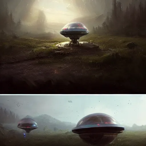 Image similar to crashed ufo, concept art, art station landscape, greg rutkowski, cinematic lighting hyper realistic painting, dark atmosphere