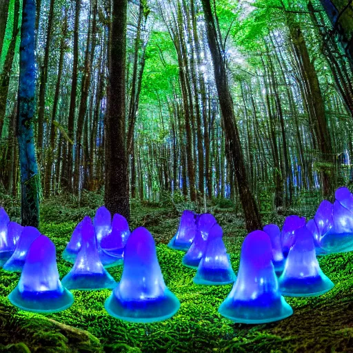 Prompt: blue glowing jello mushrooms in a mystical forest, firefly exposure trails in foreground