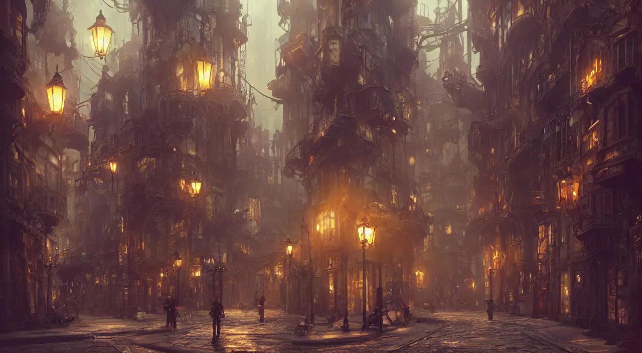 Image similar to a beautiful matte concept art painting of inside pov victorian style steampunk fantasy city streets with steampunk robots, concept art, deviantart, flickr, artstation, octane render, textured, colorful, very detailed, volumetric lighting, detailed lighting, octane render, 4 k, cinematic lighting, 8 k resolution